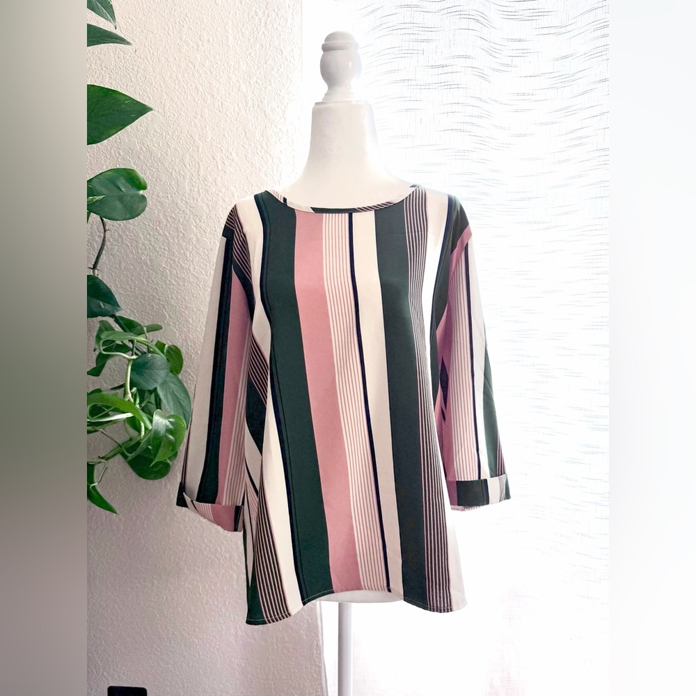 Striped Boatneck Blouse in Pink, Green & Cream